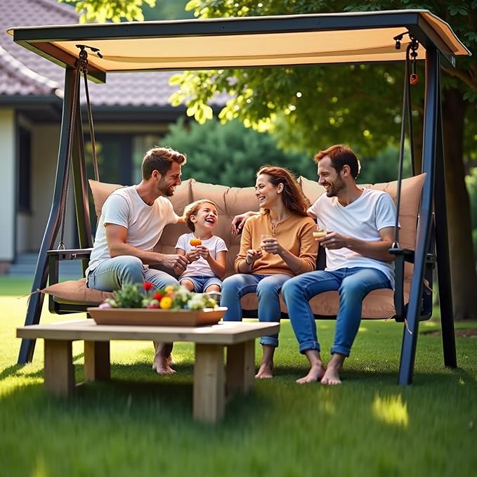 NACATIN 3 Seat Cushion for Outdoor Swing - 60x40 inches, 4" Thick Porch Swing Cushions with Ties and Storage Bag, Waterproof Bench Cushions for Patio, Outdoor, Backyard and Garden (Khaki)
