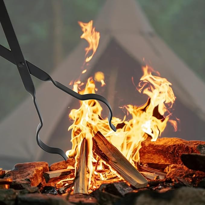 Heavy Duty 26'' Fireplace Fire Pit Campfire Tongs and 32'' Fire Pit Poker, Fireplace Tool Set, Portable Log Grabbers, for Fireplaces, Fire Pits, Campfires, Wood Stoves, Camping, Bonfires (Black)
