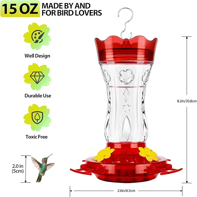 Glass Hummingbird Feeders for Outdoors, Built-in Ant Moat & Leakproof Design, XAROO Hummingbird Feeder with 4 Bee Guard Feeding Ports, 15OZ, Red, Gifts for Mom Wife Dad, Birthday Gift for Men Women