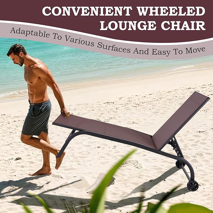 EROMMY Patio Chaise Lounge Chair Set of 2 with Wheels, Oversized 26" W Outdoor Lounge Chairs with Adjustable Backrest, Waterproof Poolside Lounge Chairs
