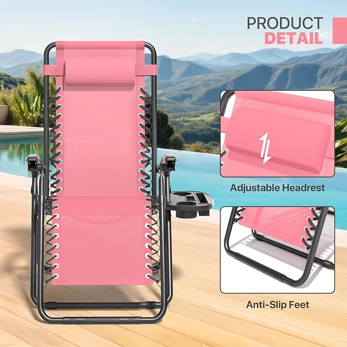 Magshion Zero Gravity Lounge Chairs Set of 2, Outdoor Patio Reclining Chair with Side Tray, Adjustable Anti-Gravity Recliners with Pillow Headrest, Folding Lounger for Lawn Camping Beach, Pink