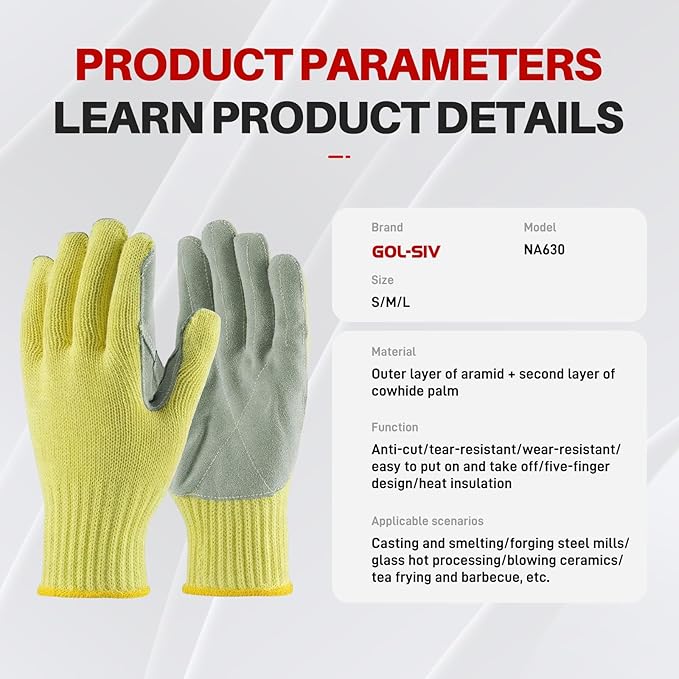 Heat Cut Resistant Gloves,Aramid leather Oven Gloves with Fingers,Heat Resistant Up to 550°F, Thick Knit Design- Grill Mitts for Men & Women(Aramid leather, Small)