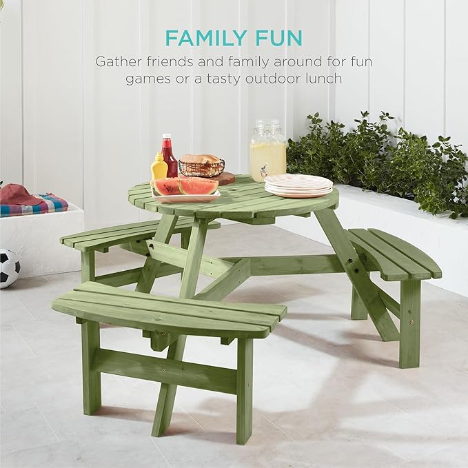 Best Choice Products 6-Person Circular Outdoor Wooden Picnic Table for Patio, Backyard, Garden, DIY w/ 3 Built-in Benches, 500lb Capacity - Sage Green