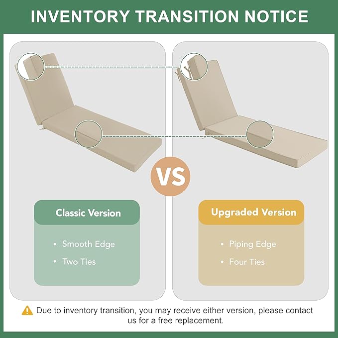 Chaise Lounge Cushions Outdoor Set of 2 - Waterproof and Fade Resistant Sun Lounger Replacement Cushion - Patio Lounger Pads with Removable Cover for Pool, Deck, Lawn, 72 x 21 x 3 Inch, Cream