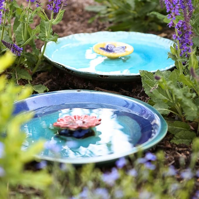 Topadorn Birdbath Ceramic Bowl Decor for Bee Bird Bath Outdoor Garden Vintage Yard ,Blue with Red Flower