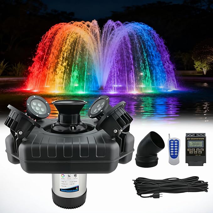 Pond Fountain Aerator with Light RGB LED, 1HP 750W Floating Fountain System for Outdoor Pond Lake, 110V 15000 GPH Fully Automatic Stainless Steel Fountain Pump with 4 LED Lights 100 Feet Power Cord