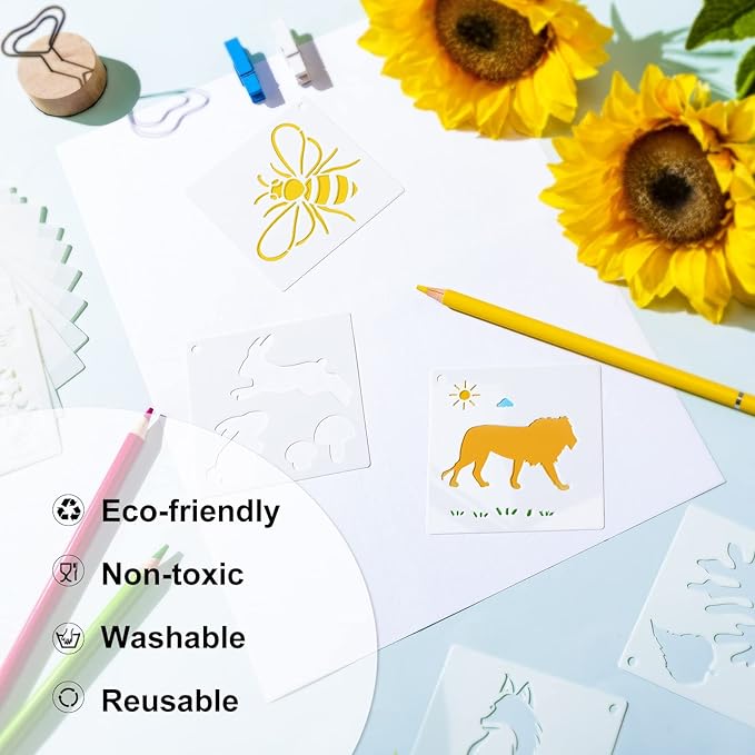Marspark 66 Pcs Spring Easter Small Stencils for Crafts Reusable 3 Inch Stencils for Painting on Wood DIY Craft Paint Template for Wall Home Decor Card Rock Canvas Drawing Holiday (Animal)