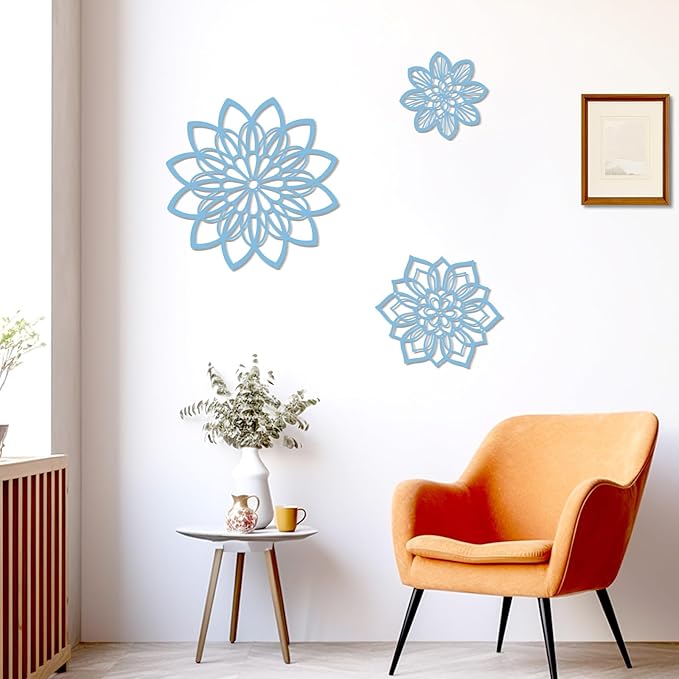 Zzbakress 3 Pieces Metal Flowers Wall Decor, Black Wall Decors Metal, Flower Art Wall Decor Farmhouse Wall Decorations Multiple Flowers Hanging Decor for Bathroom Living Room Home Kitchen Garden Office (Blue Elegant)