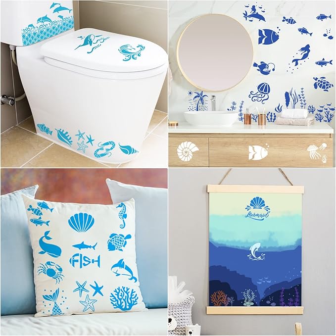 Marspark 66 Pcs Spring Easter Small Stencils for Crafts Reusable 3 Inch Stencils for Painting on Wood DIY Craft Paint Template for Wall Home Decor Card Rock Canvas Drawing Holiday (Ocean)