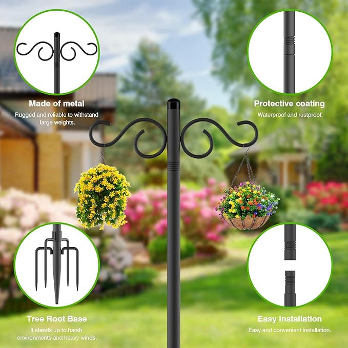 Double Shepherds Hooks for Outdoor,3 Pack 90 Inch Bird Feeder Pole with 5 Prongs Base,Heavy Duty Shepherds Hook,Suitable for Garden in Hanging Flower Basket,Lantern,Bird Nests (3 Pack 90 inch)