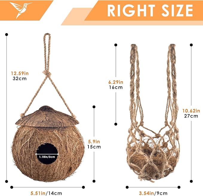 KATUMO Hummingbird Houses, Natural Coconut Bird Houses for Outside Hanging Hummingbird Swinging Nest, with Coconut Fiber Bedding for Nesting Window Garden Outdoor Home, 3Pcs