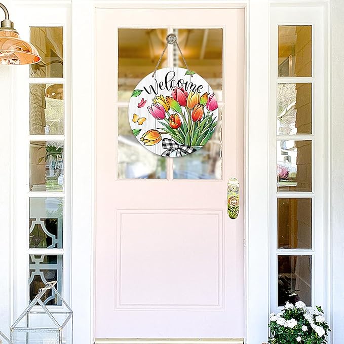 Welcome Spring Summer Tulip Flowers Front Door Sign, Floral Butterfly Mason Jar Wood Door Hanger Outdoor Outside Porch Decor, Seasonal Farmhouse Wooden Wreath Indoor Wall Hanging Decoration