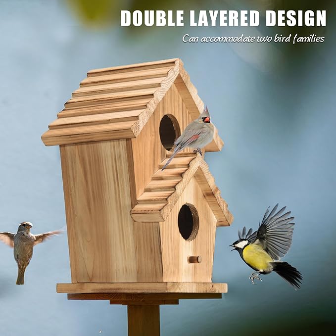 Bird Houses for Outside, Wooden Outdoor 2 Hole Bird House, Can Accommodate 2 Bird Families Suitable for Bluebird,Finch,Cardinals, Garden Hanging Birdhouse No Assembly Required