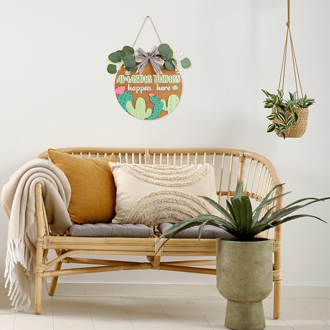 HLNIUC Amazing Things Happen Here Wooden Sign(11โx11โ) 3D Round Desert Cactus Door Hanger,Inspirational Classroom Teacher Wreath Hanging Plaque,Cute Cactus Front Door Wood Signs for Preschool Daycare