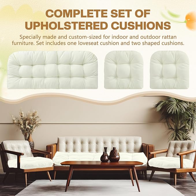Barydat 3 Pack Wicker Furniture Cushions Waterproof Outdoor/Indoor Tufted Wicker Chair Cushions 1 Loveseat and 2 U-Shape Rattan Chairs for Patio Furniture, Rattan Love Seat, Bench(Cream)