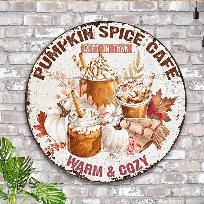 Metal Retro Shell Gasoline Wall Art, Creativity Art Decorations, Garden Sign Outside Decor๏ผWall Sculpture๏ผ Hanging Sculpture for Living Room Dining Room Bedroom Yard Outdoor Decor (Halloween Pumpkin Cafe)