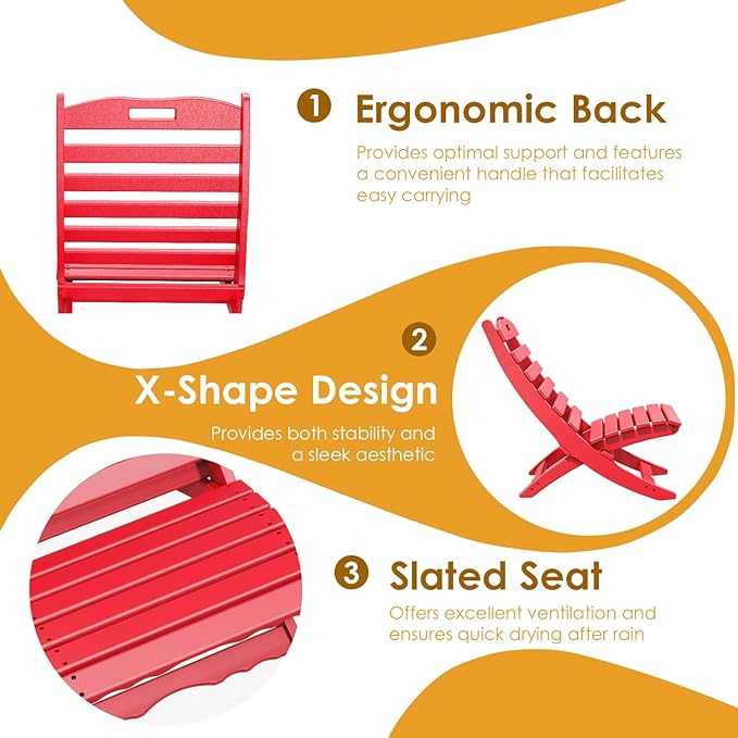 IVY&LANE Portable Xavier-Chairs Set of 2 | Folding-Adirondack-Chair | Wave | HDPE Plastic | Limited Edition | Red | All-Weather Resistant | for Outdoor Fire-Pit Patio Lawn Beach Poolside
