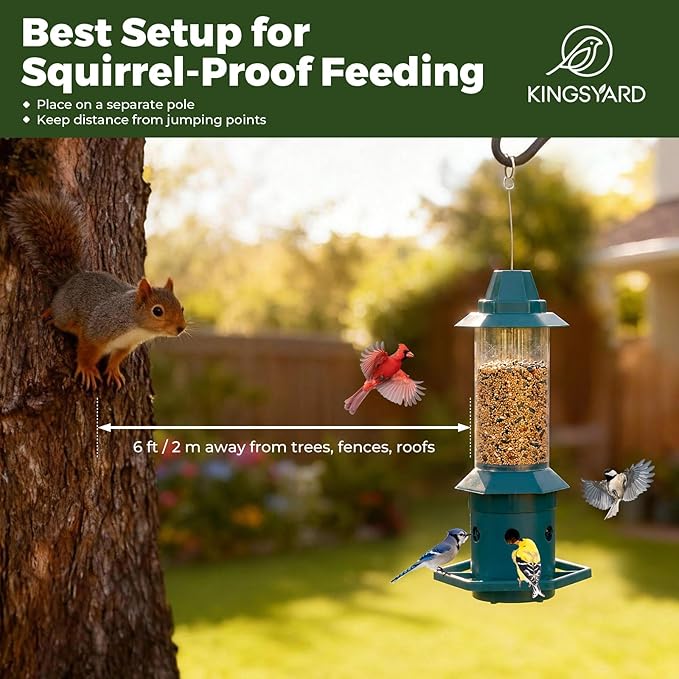 Kingsyard Squirrel Proof Bird Feeder for Outside, 3 LBS High Capacity Metal Feeder with Adjustable Weight Sensing, Weatherproof Wild Bird Feeders for Cardinals Blue Jays - Garden Decor Gifts