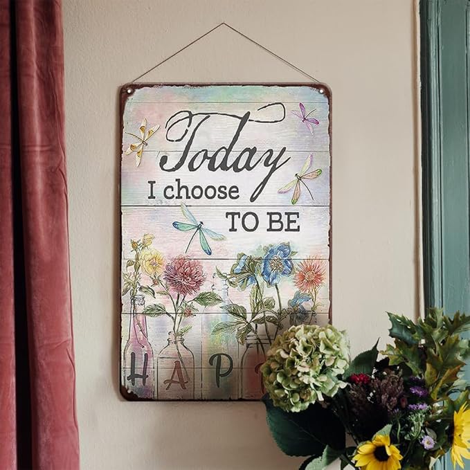 YOYI ART Metal Flowers Dragonfly Wall Decor Sign - Today I Choose to Be Happy, Vintage Tin Signs for Home, Bedroom, Kithcen, Garden, Patio and Yard Wall Art Accessories, Gifts for Women, 8 x 12 inch