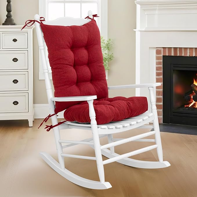 Lokex Rocking Chair Cushion 4 Inch Extra Thick, Cushions for Rocking Chairs Set of Seat and Back with Ties, Linen Fabric Indoor Outdoor Rocker, 17x21 & 17x17 Inches (Red)