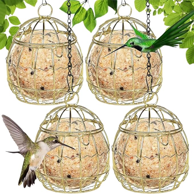 Bird Feeder, Suet Ball Feeders for Outside Hanging, Metal Hanging Bird Feeder with Hooks, Fat Ball Bird Feeder Suet Feeder for Wild Birds Outdoor Garden (Gold,4 pcs)