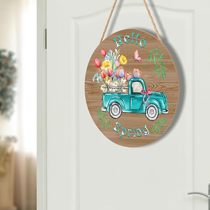 Hello Spring Blue Truck Door Sign For Front Door Decor,Colorful Tulip Flowers Butterfly Green Leaves Wooden Sign 12"x 12" Round Spring Hanging Door Sign Decoration for Wall Rustic Decor