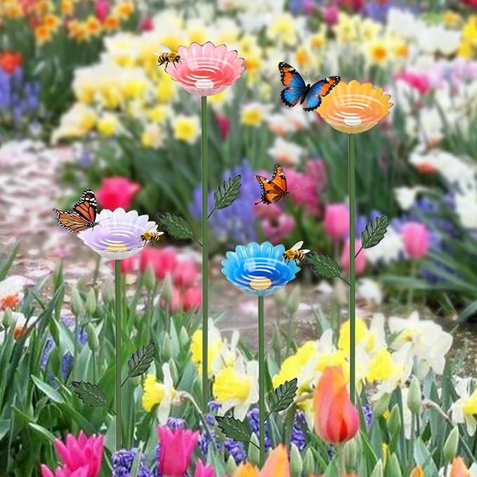 hogardeck Garden Decor for Outside, 4 Pcs 25.8" Metal Bee Watering Station, Flower Design with Stakes, Butterfly Feeder Bird Bath for Outside Yard Patio Lawn (Blue, Yellow, Pink, White)