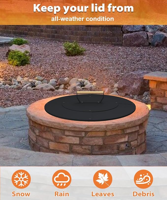 22" Wooden-handle Fire Pit Lid for Pits up to 20", Round Metal Bonfire Pit Burner Pan Cover, Smokeless Fire Pit Cover for Fire Tables, All-Weather Resistance Outdoor Firepit Accessory