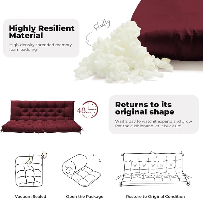 Porch Swing Cushions, Patio Swing Cushions Waterproof for Outdoor Furniture Thickened Outdoor Swing Bench Cushions 2-3 Seater Replacement with Ties for Patio Swing (Red, 60x40 in)