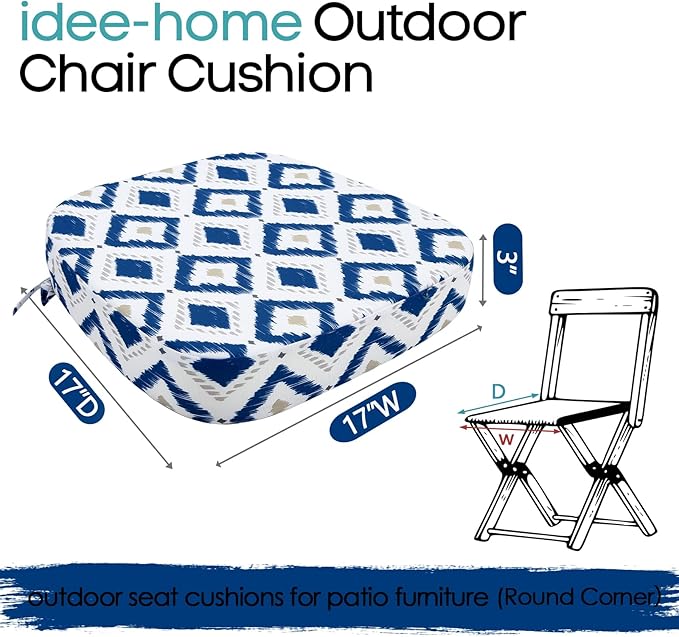 idee-home Outdoor Chair Cushions Set of 2, 17" x 17" x 3" Thick D-Shaped Patio Furniture Outdoor Seat Cushions Waterproof with Ties, Dining Pads
