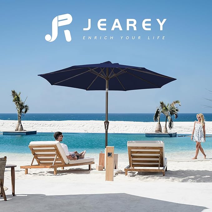 JEAREY 10FT Outdoor Patio Umbrella Outdoor Table Umbrella with Push Button Tilt and Crank, Market Umbrella 8 Sturdy Ribs UV Protection Waterproof for Pool, Garden (Dark Blue)