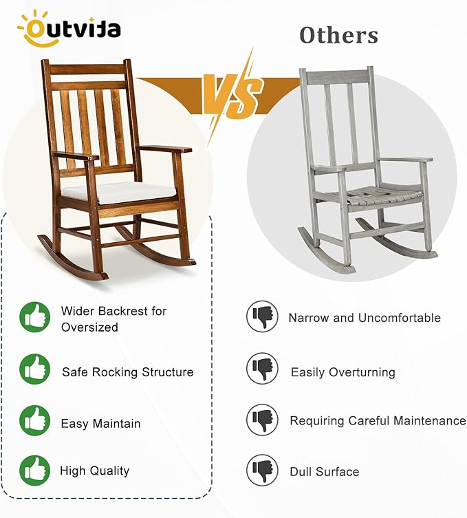Outvita Outdoor Rocking Chair, Solid Wood High Back Rocker, All Weather Lounge Chair with Padded Cushions for Porch Patio Fire Pit Garden Backyard Deck Indoor, Natural