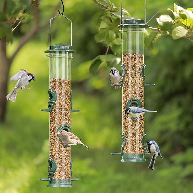 ERYTLLY Metal Bird Feeders 6 Port Tube Bird Feeder for Wild Birds, 1.4mm Extra Thick Solid Tube Transparent with Steel Hanger Bird Feeders Squirrel Proof for Outside