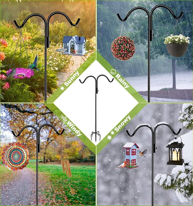 60 Inch Double Shepherd Hook Stand for Outdoor Birdfeeder, Adjustable Two Sided Garden Bird Feeder Pole Holder for Birdhouse Planter Solar Light Lantern, Black, 1 Pack