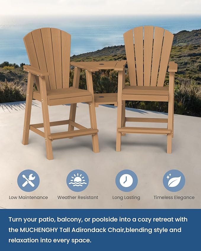 Ciokea Tall Adirondack Chairs Set of 2, HDPE Outdoor High Back Adirondack Chair with Double Connecting Tray, Weather Resistant Balcony Chairs for Deck, Lawn, Pool, Backyard, Teak