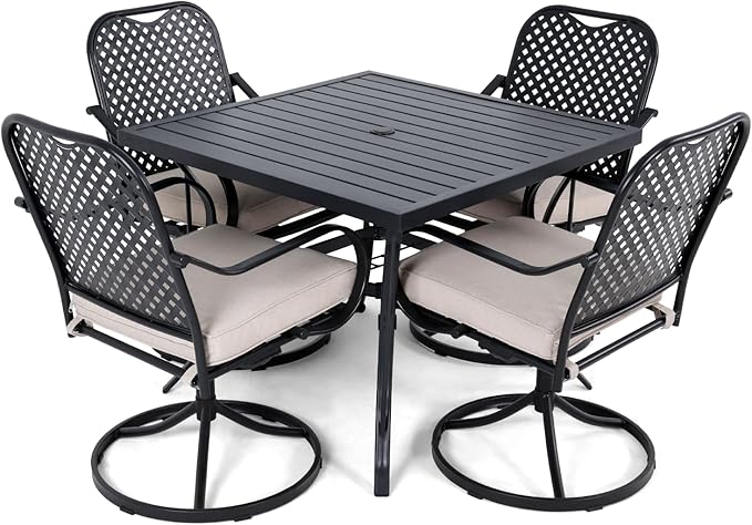 MELLCOM 5 Pcs Outdoor Dining Set, 4 Swivel Rocker Chairs with Thick Cushions & Square Dining Table with Umbrella Hole, Patio Furniture Set for Porch, Beige