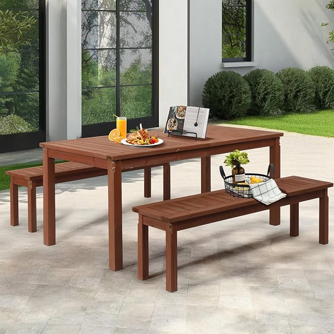 VINGLI 3-Piece Outdoor Dining Set, 69" Rectangular Wood Patio Table with 2 Benches, All-Weather Brown Fir Patio Furniture Set for Garden, Backyard, Lawn & Deck
