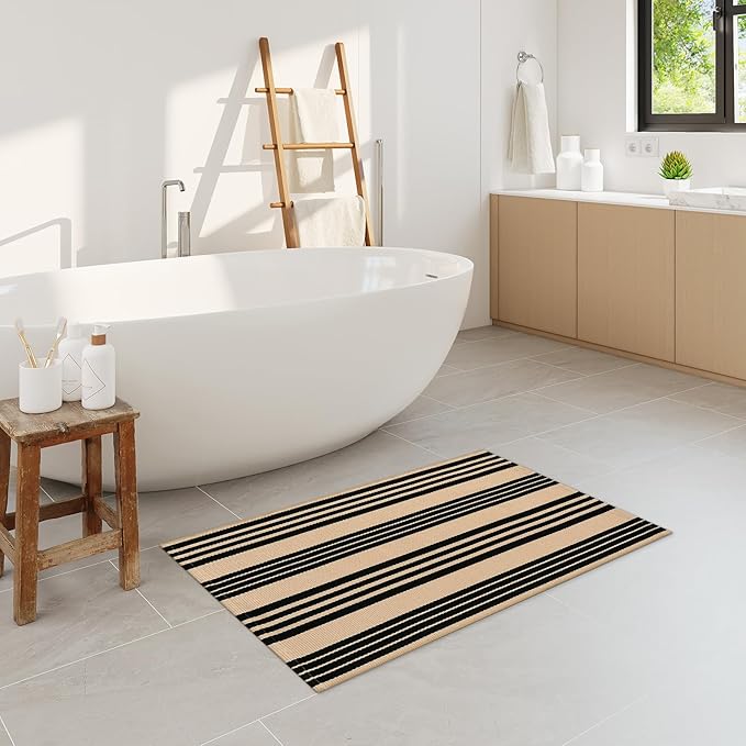 Black and Khaki Striped Outdoor Rug 24"x35", Cotton Hand-Woven Foldable Front Door Mat, Washable Reversible Layered Door Mats for Entryway Porch Decor Home Entrance