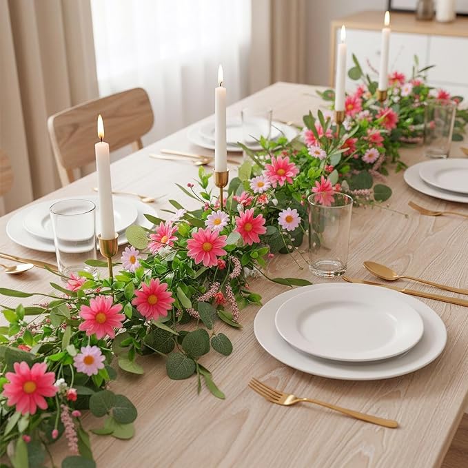 6 Ft Pink Flower Garland Silk Artificial Wildflower Daisy Flowers Faux Floral Garland Spring Flower Hanging Vines with Green Leaves for Fireplace Wedding Arch Wall Home Indoor Outdoor Party Decor