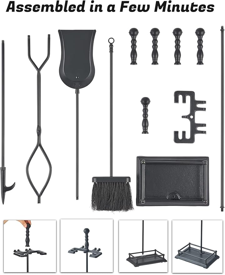 Lichamp Fireplace Tools Set, 5-Pieces Indoor Outdoor Sturdy Fire Place Poker Sets with Retro Handle, FTS25BK