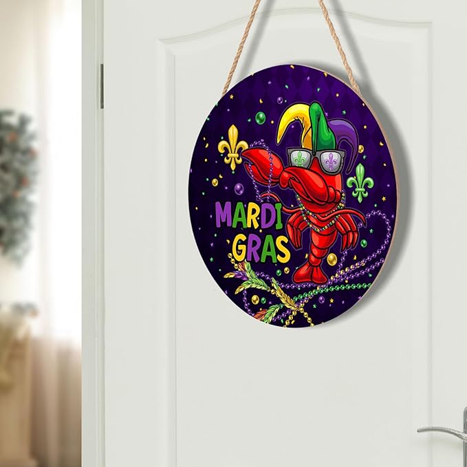 Mardi Gras Carnival Door Sign For Front Door Decor,Purple Yellow Green Mask Wooden Sign 12"x 12" Round Wood Hanging Door Sign Decoration for Wall Rustic Farmhouse Decor