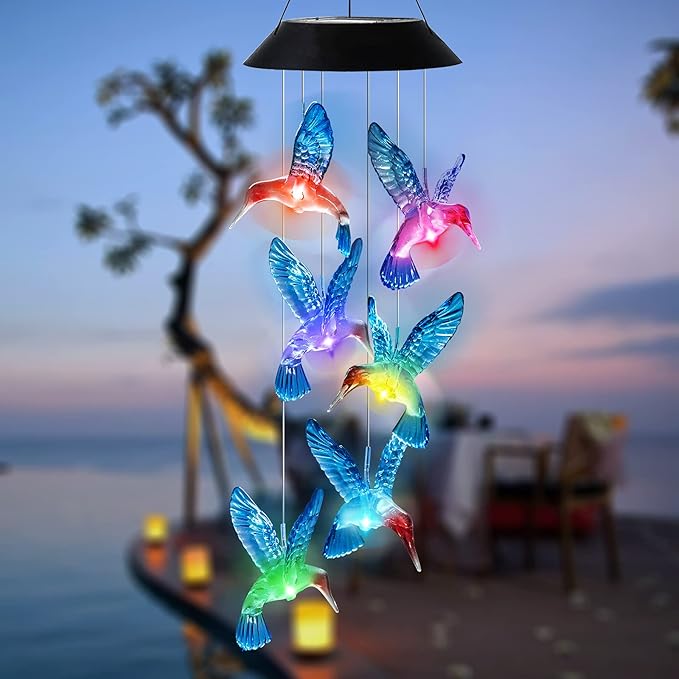 Hummingbird Solar Wind Chimes Color Changing Solared Lights Outdoor Waterproof LED Wind Chimes Solar Powered Lights for Home Party Yard Garden Christmas Decoration(Blue)