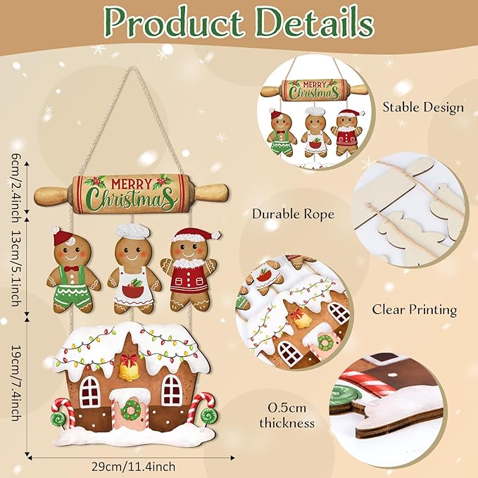 CHDITB Merry Christmas Wood Sign, Gingerbread House Front Door Sign, Festive Hanging Signs, Christmas Wall Hanging Plaque, Xmas Wall Decor for Outdoor Porch Yard Home Decor