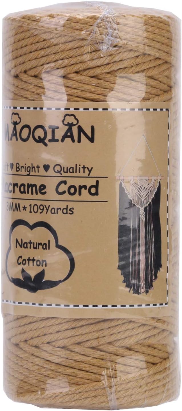 Khaki Macrame Cord 3mm x 109Yards,Colored Cotton Rope Colorful Cotton Cord Soft Craft Cord Twine for Wall Hanging Plant Hangers Crafts Decorative Projects