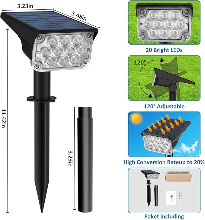 T-SUNUS Christmas Solar Spotlights White 6000K IP65 Waterproof 2-in-1 Outdoor Landscape Spot Lights Garden Light for Flag Tree Yard Driveway Porch Walkway Patio Statue Graveyard Halloween 1 Pack