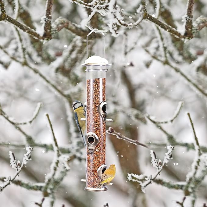 MIXXIDEA Metal Wild Bird Feeder, Squirrel Proof for Outside, Hanging 6 Port Tube Transparent Finch Feeder for Attracting Birds in Lawn, Garden, Balcony - Bronze