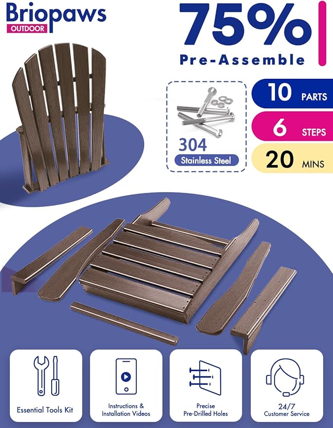 BRIOPAWS Adirondack-Chairs-Set of 6 | Brownwood Grain |Fire Pit Chair | Oversized | HDPE Plastic | Weather Resistant | for Deck Outdoor Poolside Campfire