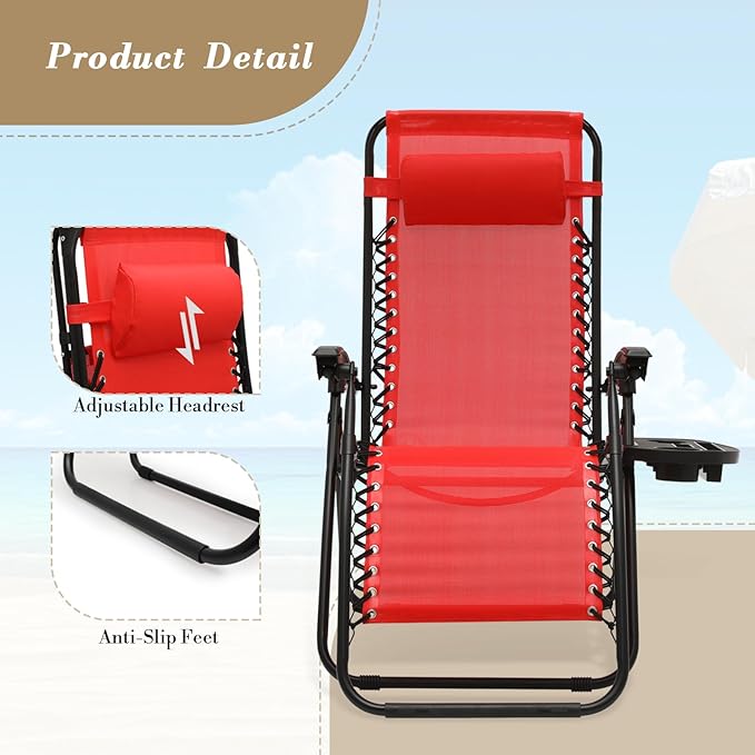 Athena Collection Zero Gravity Chair, Outdoor Lounge Chair with Adjustable Pillow and Cup Holder, Reclining Camping Chair for Outside Beach Lawn Garden Patio Poolside Set of 2-Red
