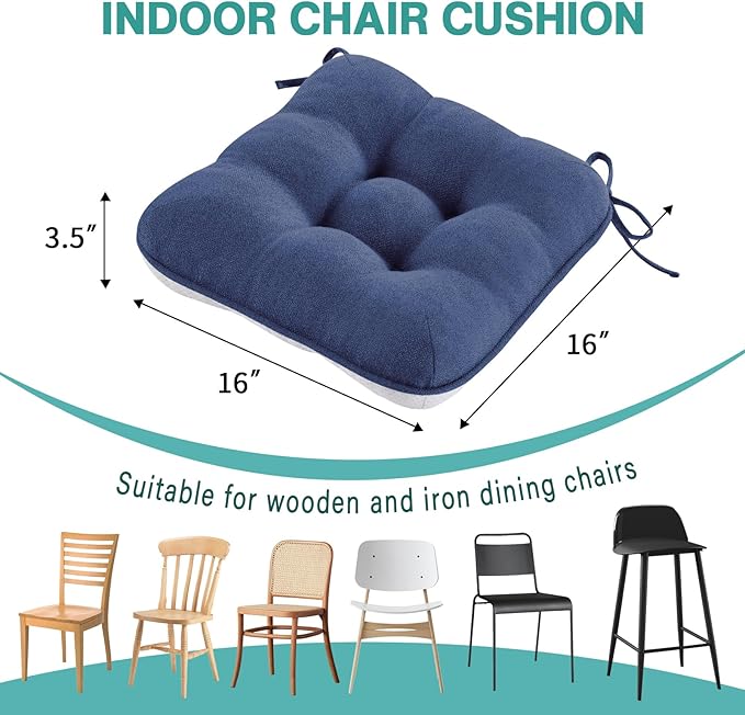 BETU Chair Cushions for Dining Chairs Set of 4,3.5" Thick Outdoor Indoor Chair Pads with Ties,Non Slip Backing and Covers, Seat Cushion for Kitchen Dining,Bar,Patio Furniture,16"X16"X3.5",Navy Blue