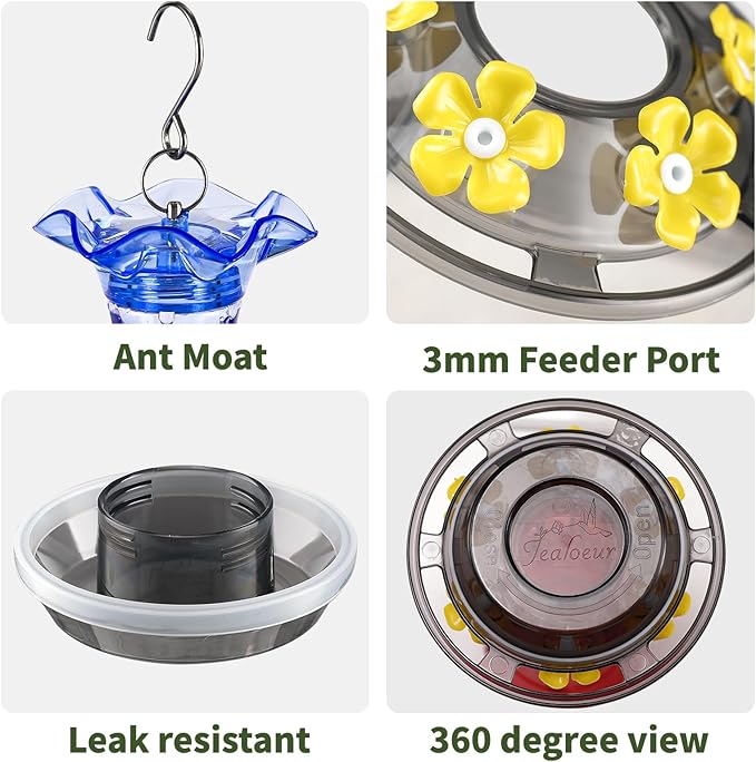 Hummingbird Feeder for Outdoors Hanging, 18 OZ Humming Birds Feeders with 6 Bee Guard Feeding Ports & Built-in Ant Moat, Easy to Clean, Durable Outdoor Garden Decor (Blue 1 Pack-C)